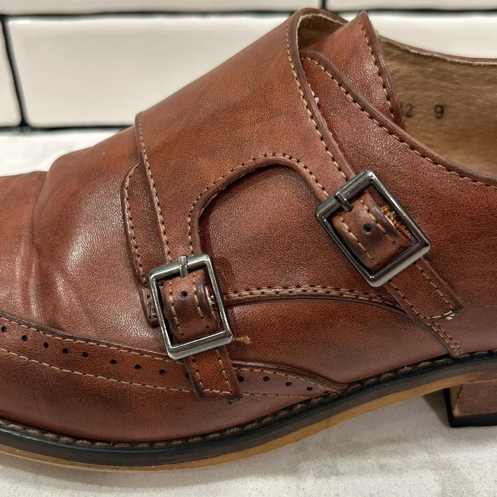 Gino Vitale Brown Monk Strap Brogue Wingtip Leather Men's Dress Shoe 9